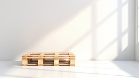 Wooden pallet placed on a minimalist floor in a sunlit interior, casting shadows on a clean wall for a serene and modern aestheticの素材