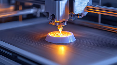 High-Tech 3D Printer Creating Detailed Design with Warm Glow in Modern Workshop Environment, Close-Up Focus on Nozzle and Print Surfaceの素材