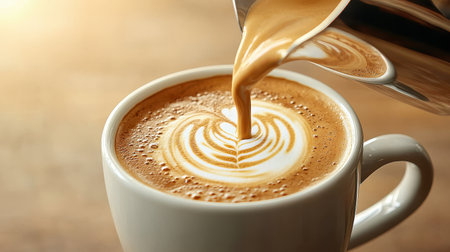 Close-Up View of Cream Being Poured into a White Coffee Mug Creating an Intricate Latte Art Design on a Wooden Tableの素材