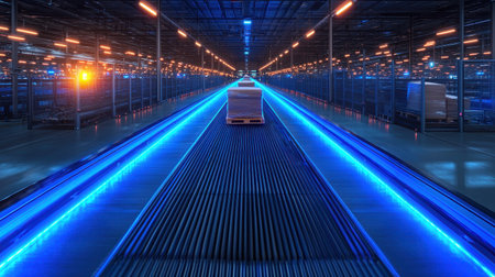 Conveyor belt in modern warehouse illuminated by blue lights, with wooden pallets awaiting shipment, showcasing efficient logistics and automation technologyの素材