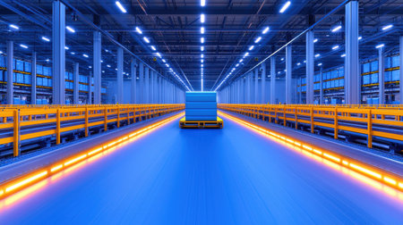 High-Tech Warehouse Interior with Conveyor System and Delivery Vehicle in Motion, Illuminated by LED Lighting for Efficient Logistics Managementの素材