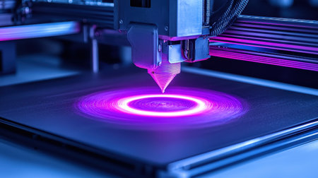 High-Tech Laser Printer Creating Vibrant Colorful Patterns on Black Surface with Precise Laser Beam in a Modern Digital Workspaceの素材