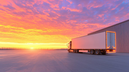 Truck on Empty Parking Lot at Sunset with Vibrant Colors in the Sky and Industrial Building in the Backgroundの素材