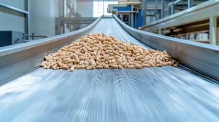 Wood pellets on conveyor belt in factory setting, showcasing efficient processing and production of renewable energy materials for sustainable futureの素材