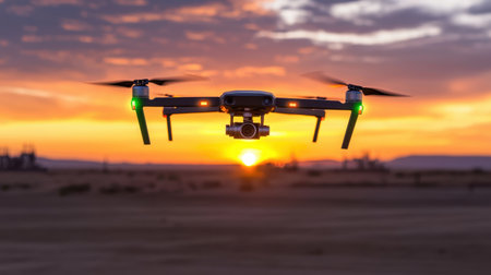 A Dramatic Sunset Scene with a Drone Capturing Images Over Desert Landscape at Dusk with Vibrant Sky Colors and Silhouetted Objects in Backgroundの素材