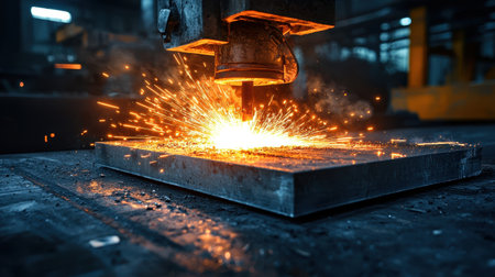 High-Intensity Industrial Metal Cutting Process with Sparks Flying in a Factory Environment, Showcasing Advanced Manufacturing Techniquesの素材