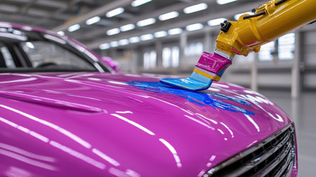 Robotic Arm Painting Car Surface with Blue Paint in Modern Manufacturing Facility, Close-Up View of Colorful Automotive Painting Processの素材