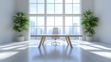 Bright and Modern Office Interior with Large Windows and Minimalist Design Overlooking Urban Cityscape Surrounded by Lush Green Plants and Natural Lightの素材