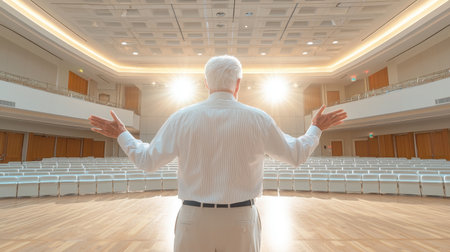 Senior speaker stands confidently before an empty auditorium, illuminated by bright lights, preparing for an engaging presentation to an audienceの素材