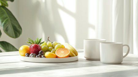 Fresh and Colorful Assorted Fruits on a White Plate with Minimalistic Cups in Natural Light Setting for Modern Home or Cafe Decorの素材