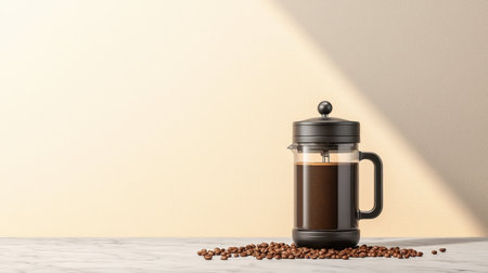 Freshly Brewed Coffee in a French Press with Coffee Beans on a Marble Surface Against a Neutral Background and Soft Shadowの素材
