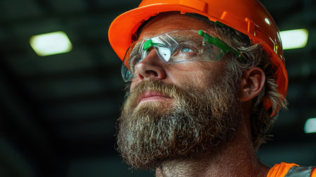 Focused construction worker in safety gear, wearing orange hard hat and glasses, staring upwards in industrial setting with bright lights in backgroundの素材