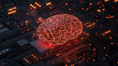 Digital Representation of Artificial Intelligence Brain on Circuit Board with Glowing Lights and Complex Patterns in a Futuristic Design Conceptの素材