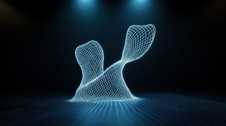 Abstract 3D Digital Sculpture Representing Fluid Shapes and Lines in Blue Light against Dark Background for Modern Art and Technology Conceptsの素材