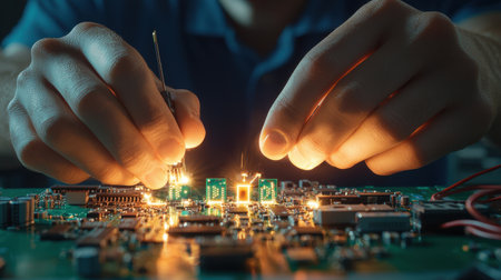 Technician Working on Circuit Board with Precision Tools and Bright Lights in a Workshop Environment for Electronics Repair and Innovationの素材