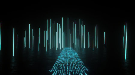 Futuristic neon landscape with glowing vertical lines and digital elements creating immersive atmosphere in dark environment for technology and science themesの素材