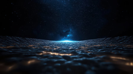 Dark Ocean Horizon Under Starry Night Sky with Glowing Water Surface and Cosmic Elements for Abstract and Dreamlike Imageryの素材