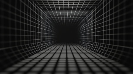Abstract perspective view of a 3D grid environment showcasing distortion effects and creating an illusion of depth and dimension in a monochrome spaceの素材