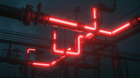 Neon Red Industrial Pipes in a Dark Atmosphere with Futuristic Aesthetic and Intricate Details, Ideal for Technology and Urban Designsの素材