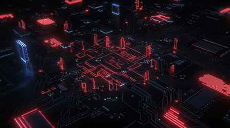 Futuristic abstract digital circuit board with glowing red and blue lines and nodes illuminated by neon lights in a cyberpunk style environmentの素材