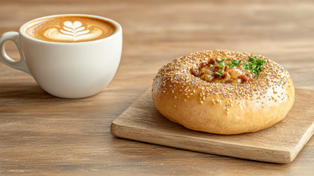 Freshly Baked Savory Pastry with Herbs and Coffee in Cozy Cafe Setting, Perfect for Breakfast or Snack Time Treats with Latte Art Designの素材