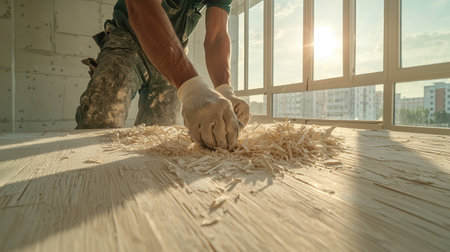 Professional carpenter shaping wood shavings on a sunlit construction site with modern apartment views and a focus on craftsmanship and industry skillsの素材