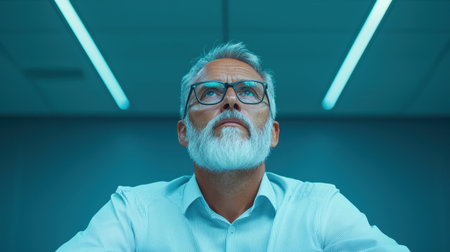 Thoughtful older man with glasses gazing upward in a modern office environment, showcasing contemplation and focus in a bright, blue-lit atmosphereの素材