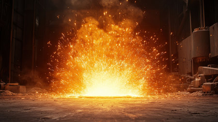 Dramatic Explosion of Sparks and Fire Creating Bright Light in Industrial Warehouse Setting with Dark Background and Dusty Environmentの素材