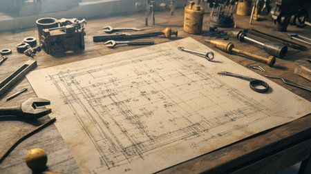 Detailed Blueprint on a Workbench Surrounded by Tools, Illustrating Precision Craftsmanship and Engineering Design Process in an Artisan Workspaceの素材