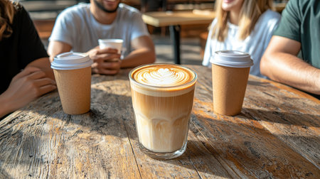 Warm Coffee Moment in a Cozy Cafe with People Enjoying Drinks and Lively Conversation on a Rustic Wooden Tableの素材