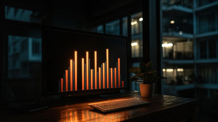 Modern workspace with illuminated data visualization on screen, cozy atmosphere at night, urban apartment view, computer and plant accentuating designの素材