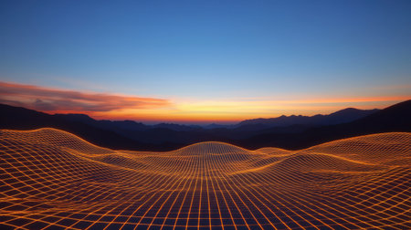 Digital Landscape with Abstract Grid Lines and Vibrant Sunset Over Mountain Range Creating a Stunning Visual Experience of Nature and Technologyの素材