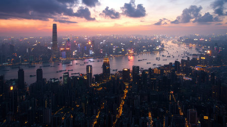 Stunning Nightscape of Shanghai Skyline with Towering Buildings Illuminated by City Lights and a Breathtaking Sunset Over the Huangpu Riverの素材