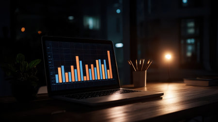 Laptop Displaying Colorful Bar Graphs in Dark Office Environment with Warm Desk Lamp and Stationery Items on Wooden Tableの素材