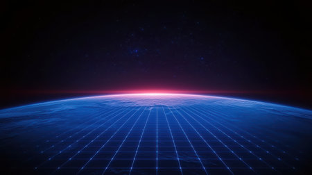 Futuristic view of Earth from space with glowing horizon and digital grid in deep blue and purple tones, representing technology and digital evolutionの素材