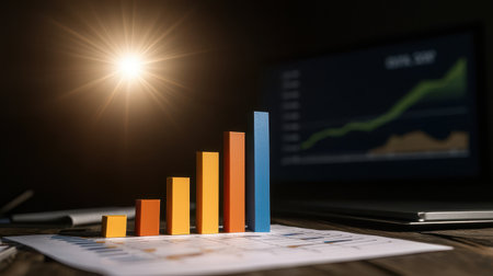Colorful Bar Graph on Desk with a Dark Background Showing Financial Growth and Market Trends in a Modern Business Environmentの素材