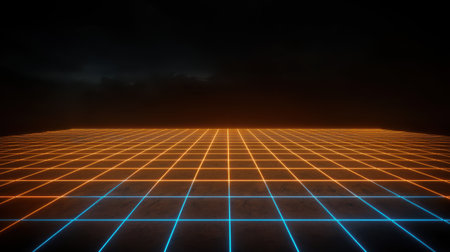 Futuristic glowing grid landscape with vibrant orange and blue lines against a dark background, perfect for sci-fi and digital themes in creative projectsの素材
