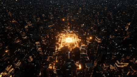 Futuristic Cityscape at Night with Glowing City Lights and Data Flow Representing Technology Innovation and Urban Environmentの素材