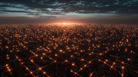 Aerial View of a Vast Cityscape at Dusk with Glowing Lights and Dramatic Clouds Emphasizing Urban Density and Nighttime Beautyの素材