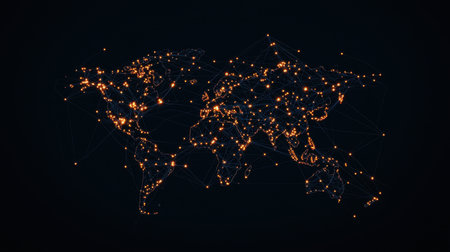 Abstract global network map visualization with glowing connections representing digital communication and data flow across continents and countriesの素材