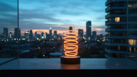 Sleek modern lamp with glowing spiral design against urban skyline at dusk, showcasing creative lighting and contemporary interior decorの素材