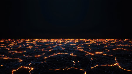 Abstract digital landscape with glowing lines and patterns representing connectivity and technology against a dark background for creative projectsの素材