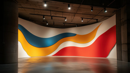 Artistic Abstract Wall Installation with Curved Colorful Waves in Modern Gallery Space Showcasing Contemporary Design and Creative Expressionの素材