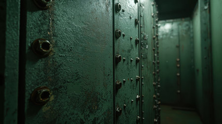 Dimly Lit Safe Deposit Vault with Green Metallic Walls and Rusty Fixtures in Abandoned Financial Institution, Evoking Mystery and Intrigue in Urban Explorationの素材