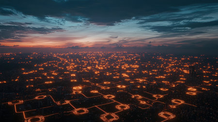 Futuristic aerial view of a vibrant cityscape at twilight, illuminated by glowing lights and intricate patterns on the urban landscape.の素材