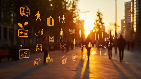 Sunset Urban Scene with People Silhouetted and Overlay of Eco-Friendly Icons Depicting Sustainability Concepts as Symbolic Representations of Modern Lifeの素材