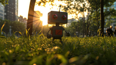 Charming little robot stands on green grass under a stunning sunset in an urban park environment, showcasing technology amidst nature's beautyの素材