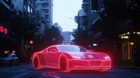 Futuristic Neon Wireframe Sports Car Design Illuminating an Urban Street Scene at Night with a Cyberpunk Aestheticの素材