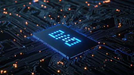 Futuristic Microchip on a Dark Circuit Board with Glowing Lights and Digital Display Technology in a High-Tech Environmentの素材
