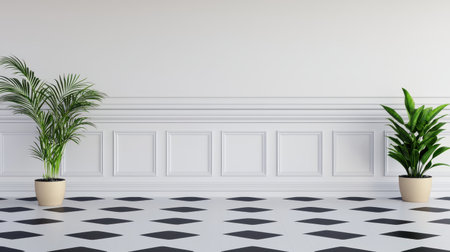Modern and Minimalist Interior Design Featuring Elegant Plants Against a Bright White Wall and Geometric Black and White Floor Patternの素材